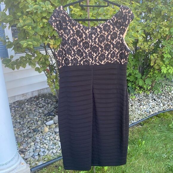 London Times Wm’s Sz 16 Black Lace Lined Tiered Bodycon Midi Pencil Dress - Picture 3 of 3